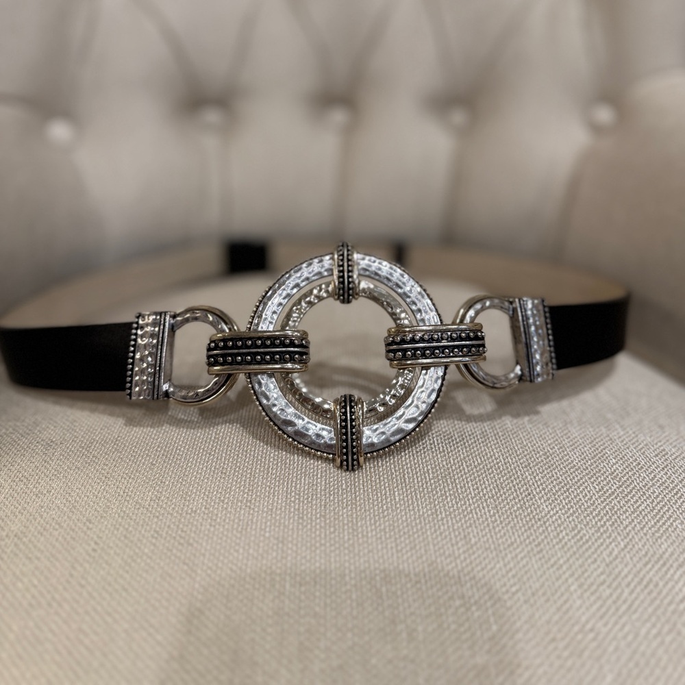 Chicos Black and Hammered Silver Buckle Women's Belt